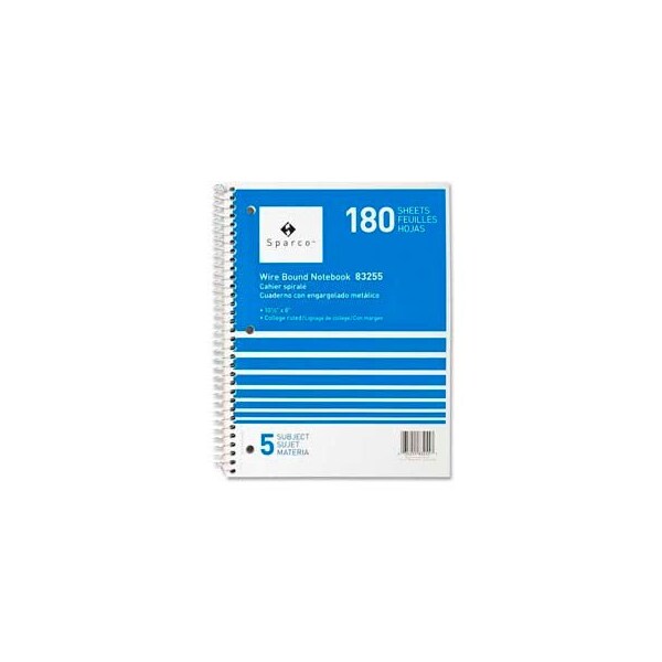 Sparco Sparco 5-Subject Notebook, 8" x 10-1/2", College Ruled, Bright White, 180 Sheets/Pad 83255 - main